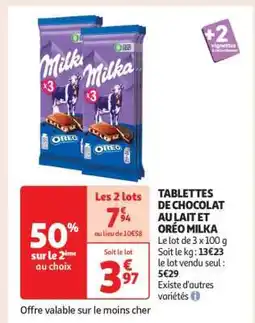 Auchan Tablettes De Chocolat Au Lait Et Oréo Milka offre