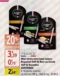 Auvernou - mini sticks saucisson nature, roquefort aop & noix ou comté aop & noisettes
