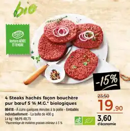 Thiriet 4 steaks hachés façon bouchère pur bœuf 5 % m.g. biologiques offre