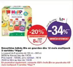 Monoprix Smoothies bébés bio en gourdes dès 12 mois multipack 3 variétés hipp offre