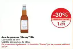 Monoprix Jus de pomme sassy bio offre