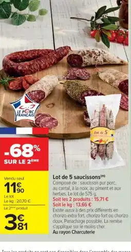 Cora x Carrefour Lot de 5 saucissons offre