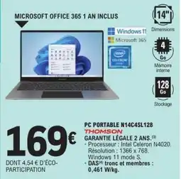 E.Leclerc PC PORTABLE N14C4SL128 offre