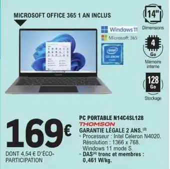 E.Leclerc PC PORTABLE N14C4SL128 offre