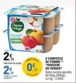 E.Leclerc 8 COMPOTES DE POMME DOUCEUR DU VERGER offre