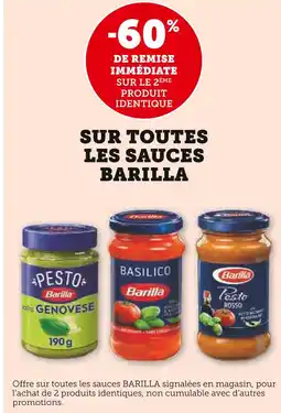 Super U Barilla -60% de remise immédiate sur le 2ème produit identique sur toutes les sauces Barilla offre