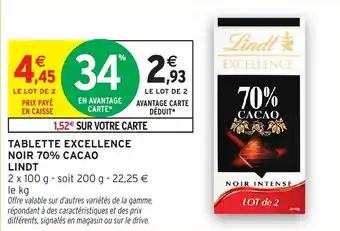 Intermarché Tablette excellence noir 70% cacao lindt offre