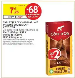 Intermarché Hyper TABLETTES DE CHOCOLAT LAIT PRALINÉ DOUBLE LAIT CÔTE D'OR offre