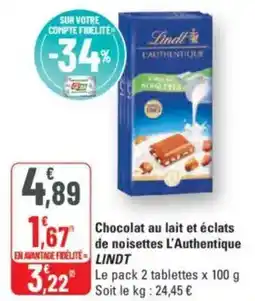 G20 LINDT Chocolat au lait et éclats de noisettes L'Authentique offre