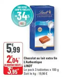 G20 LINDT Chocolat au lait extra fin L'Authentique offre