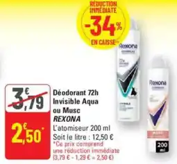 G20 REXONA Déodorant 72h Invisible Aqua ou Musc offre