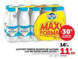 Super U Lait UHT Teneur Réduite en Lactose 1,2% MG Matin Léger Lactel offre