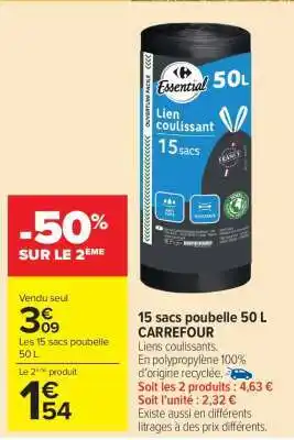 Carrefour Market 15 sacs poubelle 50 L CARREFOUR offre