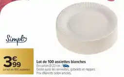 Carrefour Lot de 100 assiettes blanches offre