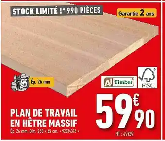 Brico Cash Plan De Travail En Hêtre Massif offre