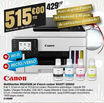 Plein ciel Multifonction Megatank Jet D'encre Couleur Maxify Gx6050 Canon offre