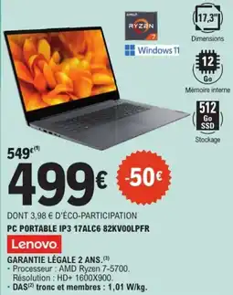 E.Leclerc LENOVO Pc portable ip3 17alc6 82kv00lpfr offre