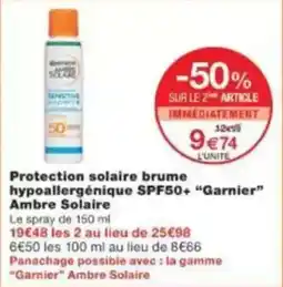 Monop' Beauty Protection solaire brume hypoallergénique spf50+ garnier ambre solaire offre