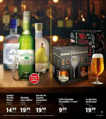 Lidl London Dry Gin Hortus, Absinthe Avec Cuillère, Eau-de-vie De Poire Prisonnière, Coffret Goudale 4 Bouteilles + 1 Verre, La Sé offre