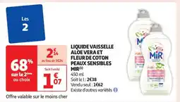 Auchan LIQUIDE VAISSELLE ALOE VERA ET FLEUR DE COTON PEAUX SENSIBLES MIR offre