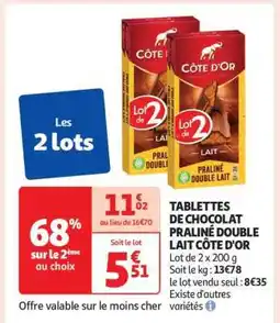 Auchan Tablettes De Chocolat Praliné Double Lait Côte D'or offre