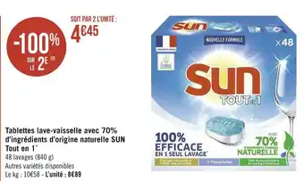 Géant Casino Sun tablettes lave-vaisselle avec 70% d’ingrédients d’origine naturelle tout en 1* offre