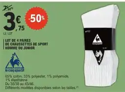 E.Leclerc LOT DE 4 PAIRES DE CHAUSSETTES DE SPORT HOMME OU JUNIOR offre