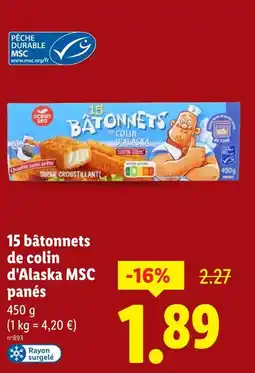 Lidl OCEAN SEA 15 bâtonnets de colin d'alaska msc panés offre