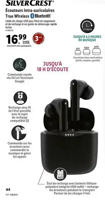 Lidl écouteurs Intra-auriculaires True Wireless Bluetooth Silver Crest offre