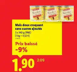 Lidl Maïs doux croquant sans sucres ajoutés offre