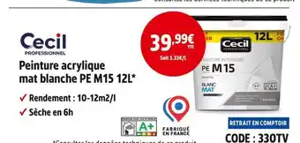 Screwfix CECIL Peinture acrylique mat blanche PE M15 12L offre