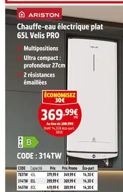 Screwfix ARISTON Chauffe-eau électrique plat 65l velis pro offre