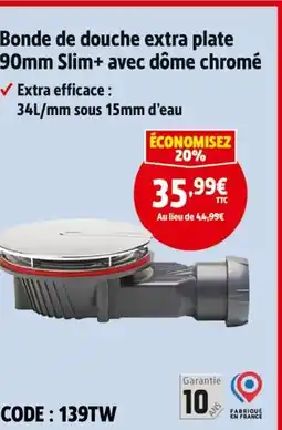 Screwfix Slim+ Bonde de douche extra plate 90mm avec dôme chromé offre