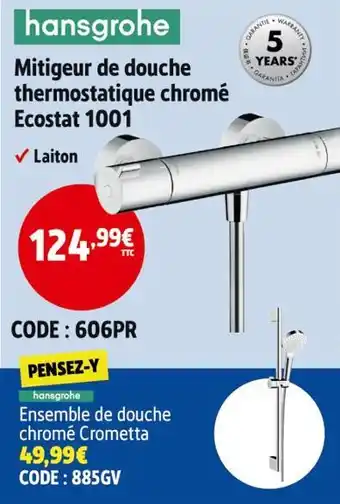 Screwfix hansgrohe Mitigeur de douche thermostatique chromé Ecostat 1001 offre