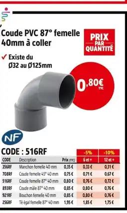 Screwfix Coude PVC 87° femelle 40mm à coller offre