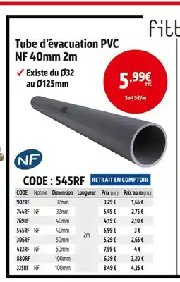 Screwfix NF Tube d’évacuation PVC NF 40mm 2m offre