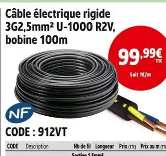 Screwfix Câble électrique rigide 3G2,5mm² U-1000 R2V, bobine 100m offre