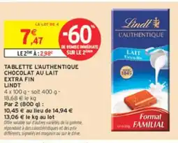 Intermarché LINDT Tablette l'authentique chocolat au lait extra fin offre
