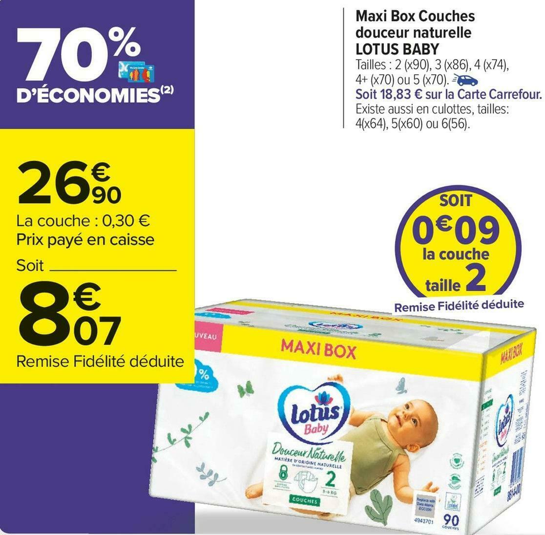Promo Lotus baby maxi box couches douceur naturelle chez Carrefour Market