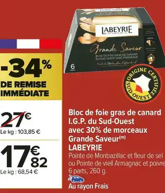 Carrefour Market Labeyrie bloc de foie gras de canard i.g.p. du sud-ouest avec 30% de morceaux grande saveur offre
