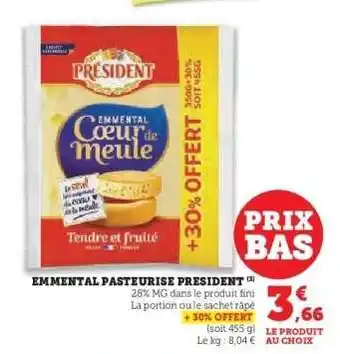 Super U Emmental Pasteurisé Président offre