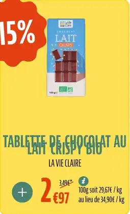 La Vie Claire Tablette de chocolat au lait crispy bio offre