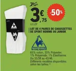 E.Leclerc Lot de 4 paires de chaussettes de sport homme ou junior offre