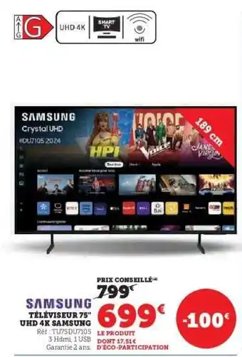 Hyper U SAMSUNG TÉLÉVISEUR 75 UHD 4K offre