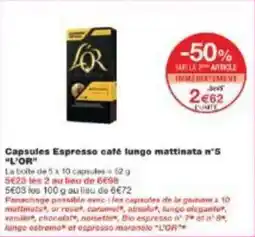 Monoprix Capsules espresso café lungo mattinata nº5 l'or offre