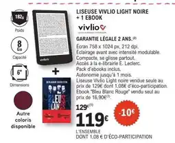 E.Leclerc Liseuse Vivlio Light Noire + 1 Ebook offre
