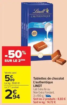 Carrefour Market LINDT Tablettes de chocolat L'authentique offre