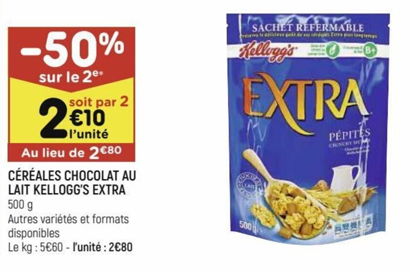Promo Céréales chocolat au lait kellogg's extra chez Leader Price