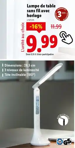 Lidl Lampe de table sans fil avec horloge offre