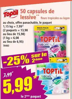 Norma Toptil 50 capsules de lessive fleurs tropicales ou lagon offre